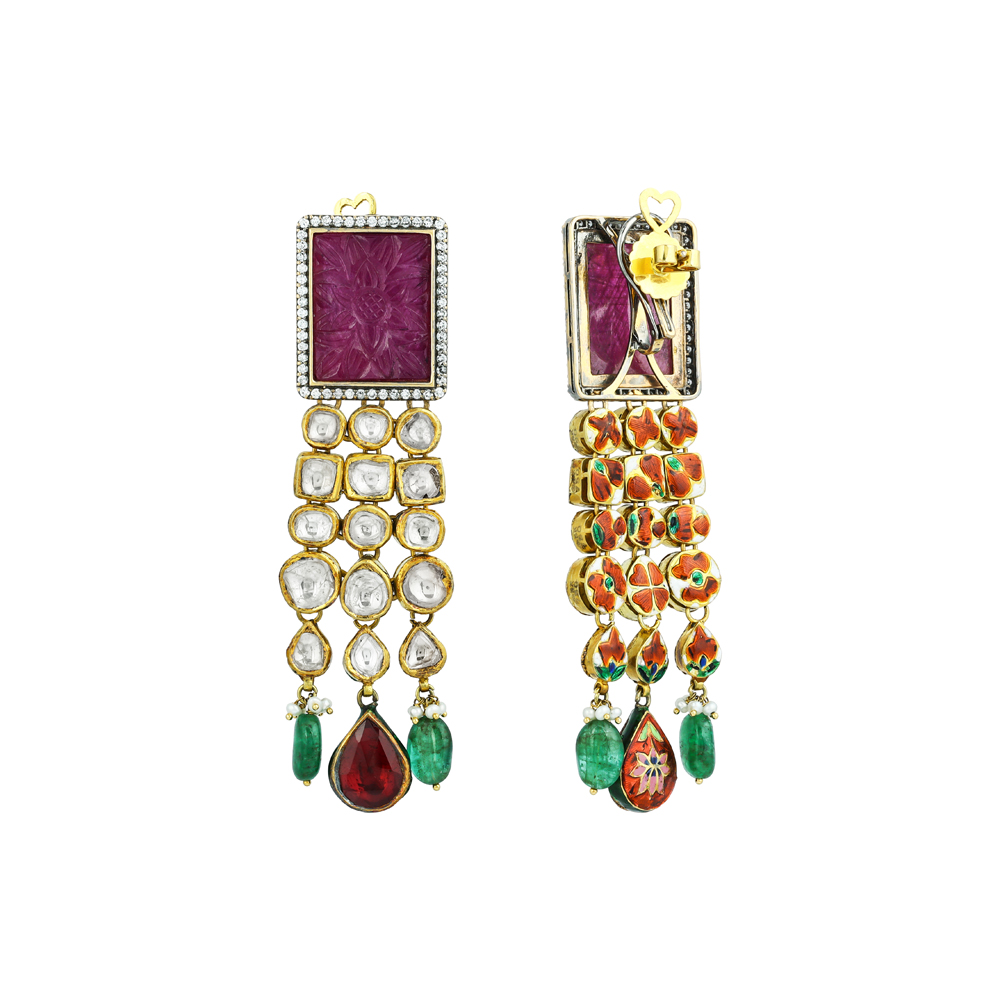 Carved Ruby Earrings with Polki, Red Teardrop & Emerald Beads